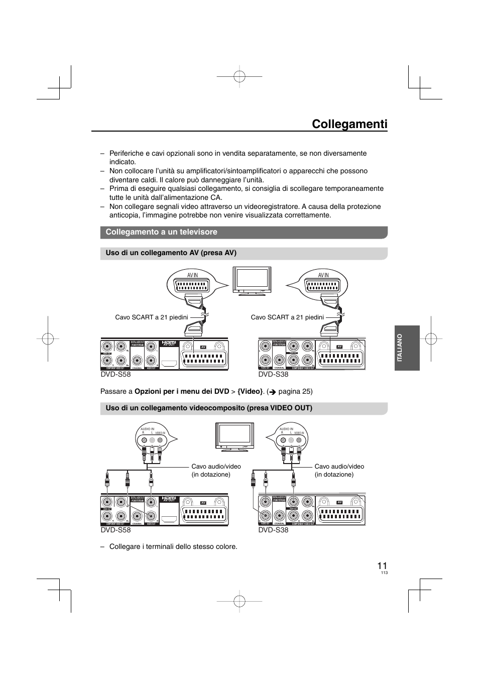 Collegamenti, Collegamento a un televisore, Uso di un collegamento av (presa av) | Dvd-s58 dvd-s38, Collegare i terminali dello stesso colore | Panasonic DVDS38 User Manual | Page 113 / 216