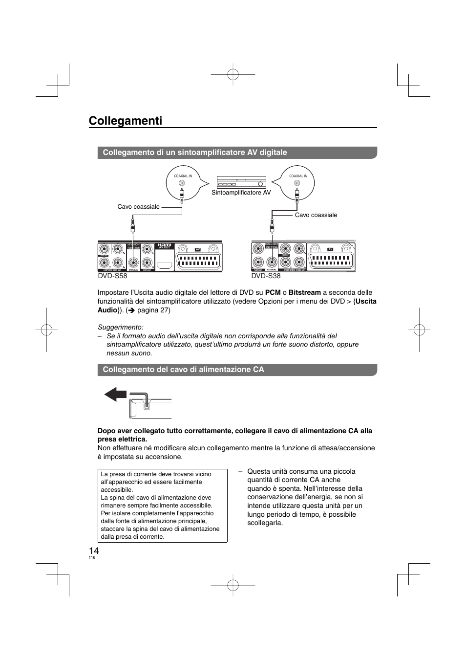 Collegamenti, Collegamento di un sintoamplifi catore av digitale, Collegamento del cavo di alimentazione ca | Dvd-s58 dvd-s38 | Panasonic DVDS38 User Manual | Page 116 / 216