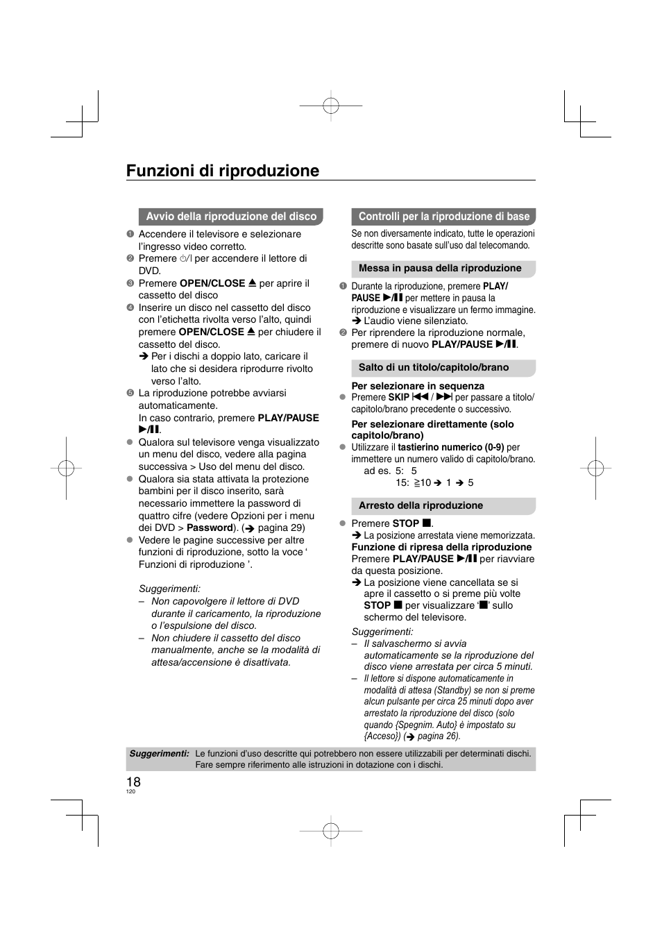 Funzioni di riproduzione | Panasonic DVDS38 User Manual | Page 120 / 216