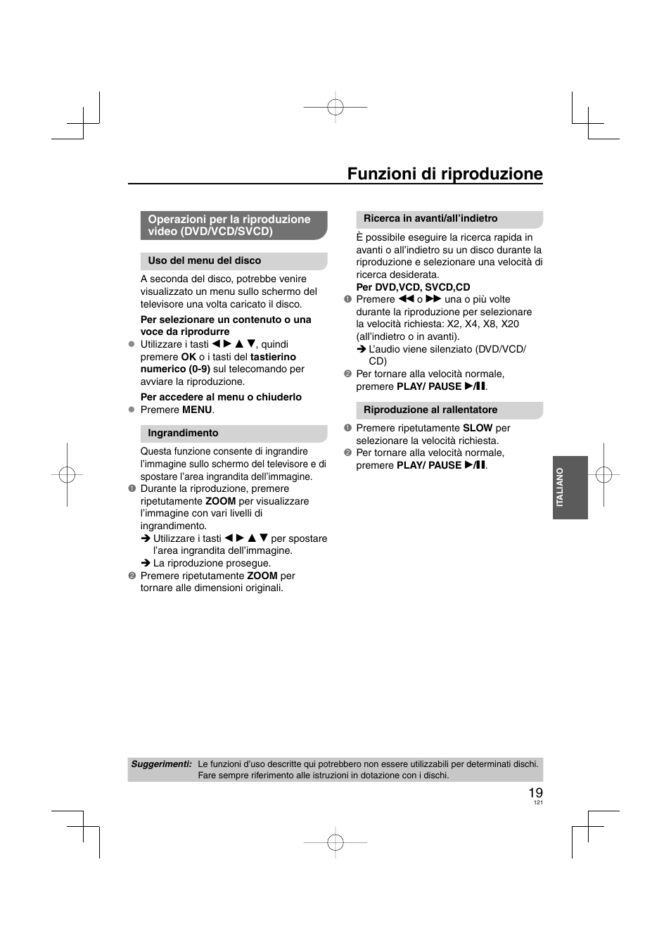 Funzioni di riproduzione | Panasonic DVDS38 User Manual | Page 121 / 216