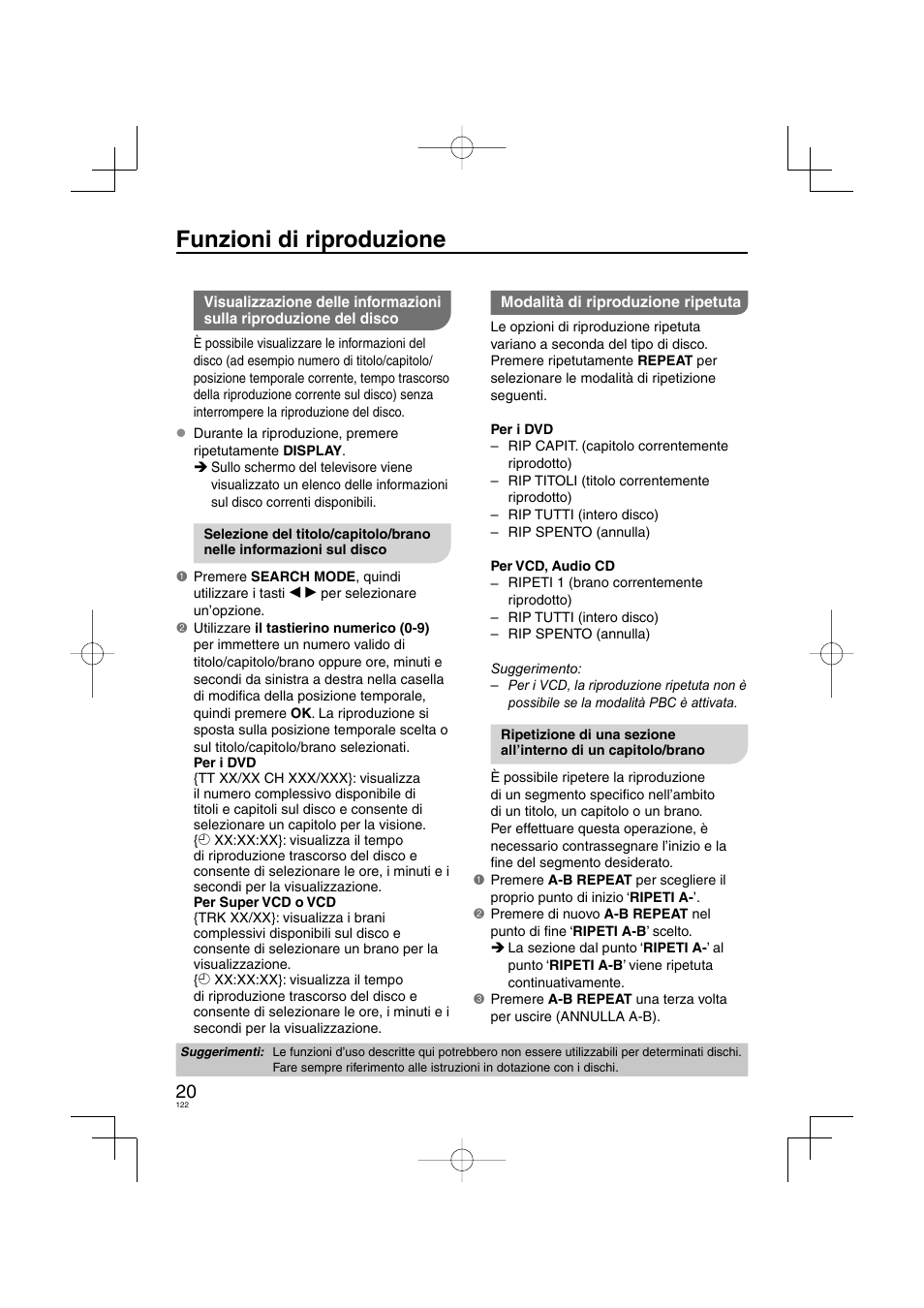 Funzioni di riproduzione | Panasonic DVDS38 User Manual | Page 122 / 216
