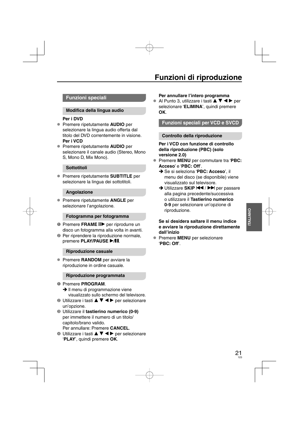 Funzioni di riproduzione | Panasonic DVDS38 User Manual | Page 123 / 216