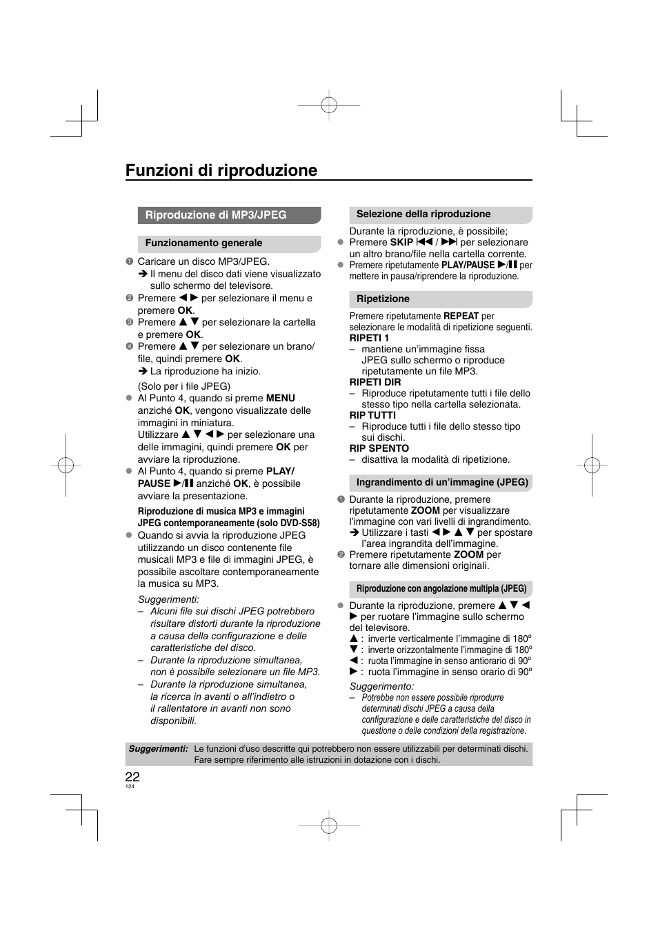 Funzioni di riproduzione | Panasonic DVDS38 User Manual | Page 124 / 216