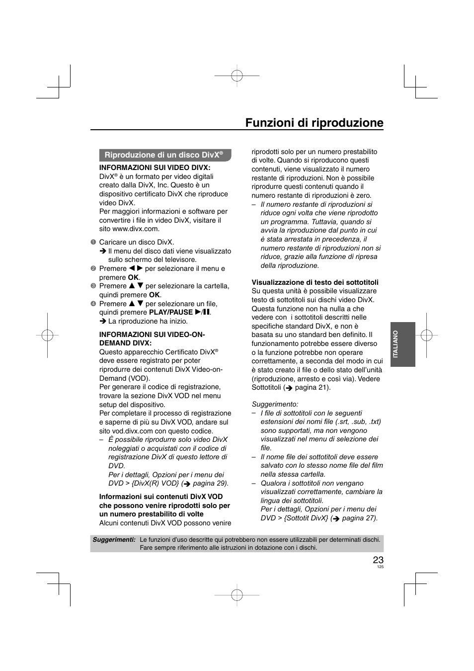 Funzioni di riproduzione | Panasonic DVDS38 User Manual | Page 125 / 216
