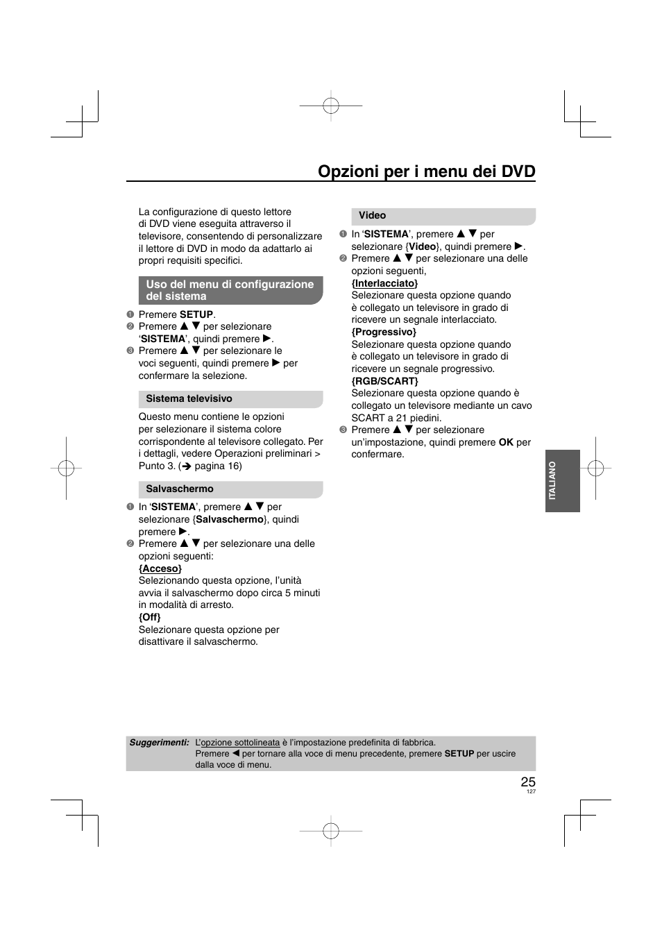 Opzioni per i menu dei dvd | Panasonic DVDS38 User Manual | Page 127 / 216
