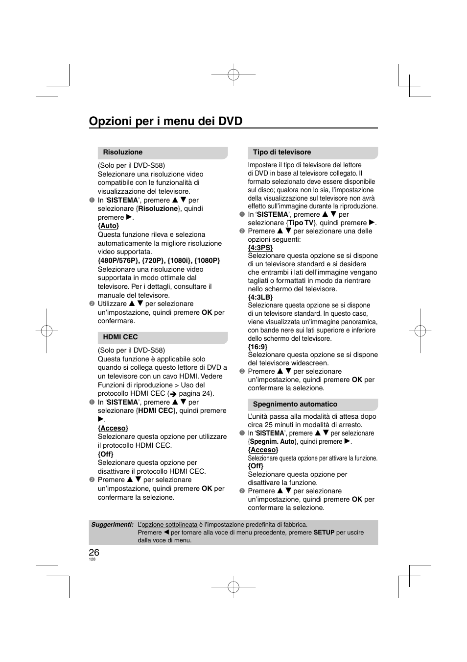 Opzioni per i menu dei dvd | Panasonic DVDS38 User Manual | Page 128 / 216