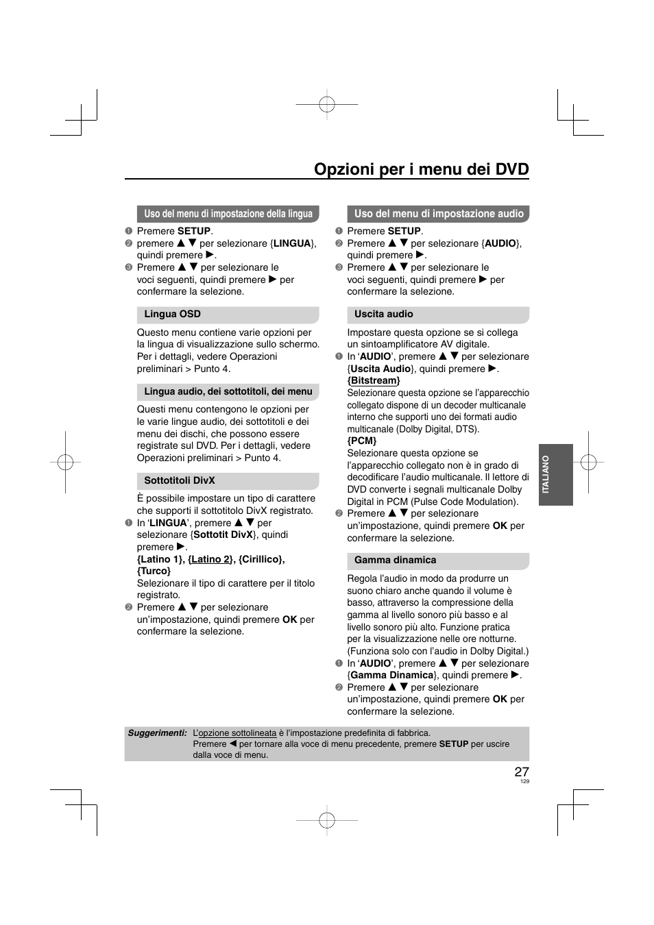 Opzioni per i menu dei dvd | Panasonic DVDS38 User Manual | Page 129 / 216