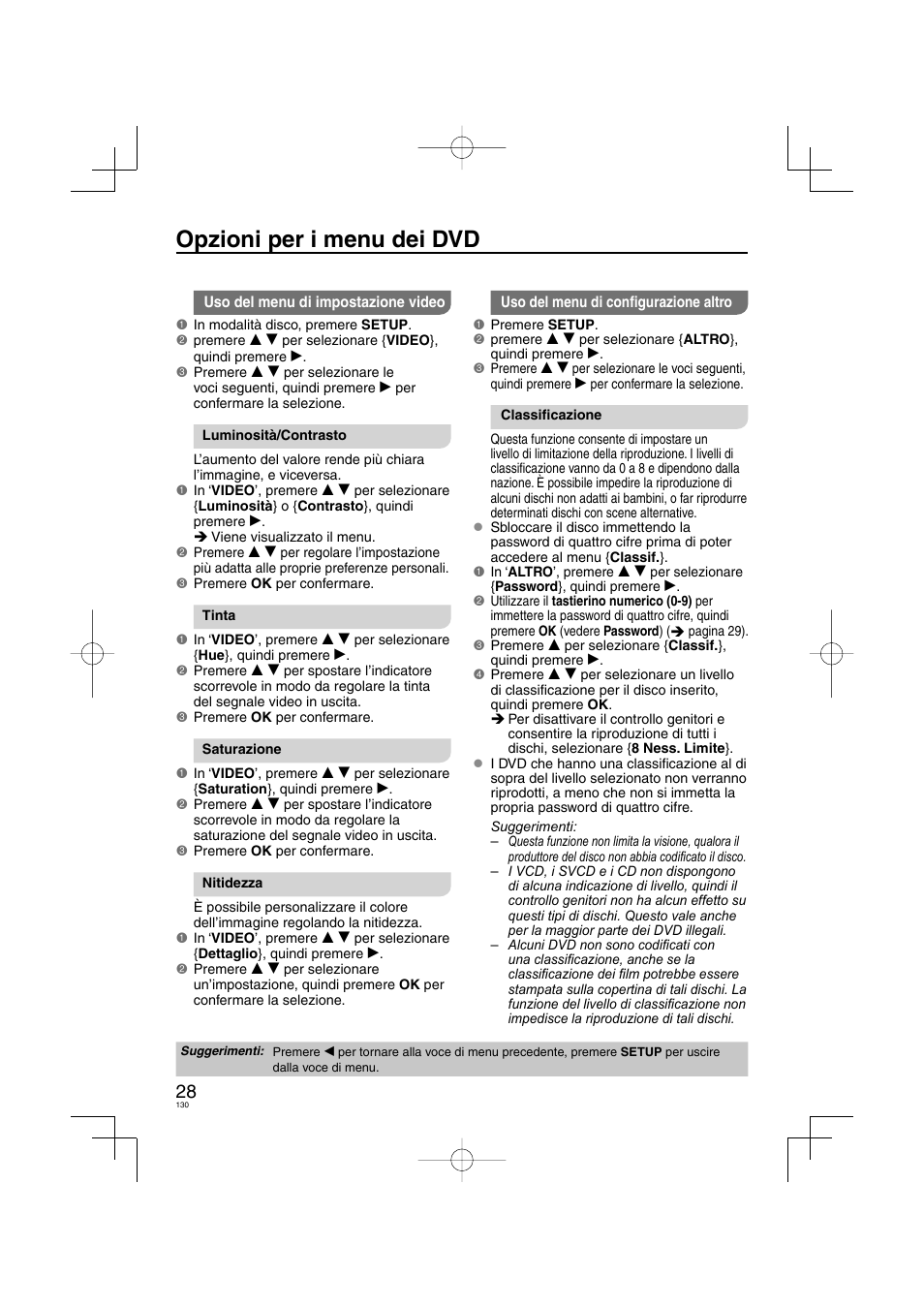 Opzioni per i menu dei dvd | Panasonic DVDS38 User Manual | Page 130 / 216