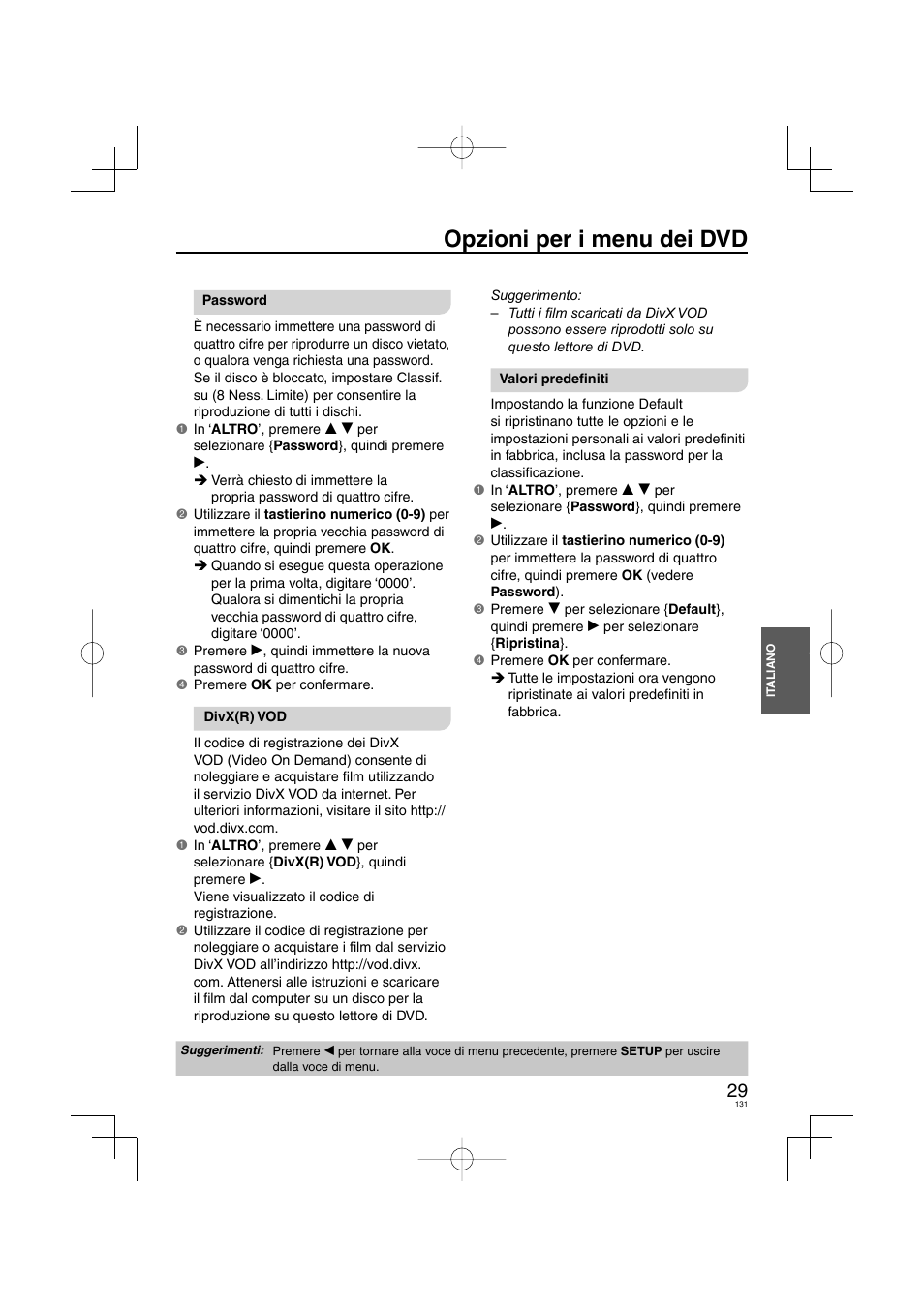 Opzioni per i menu dei dvd | Panasonic DVDS38 User Manual | Page 131 / 216