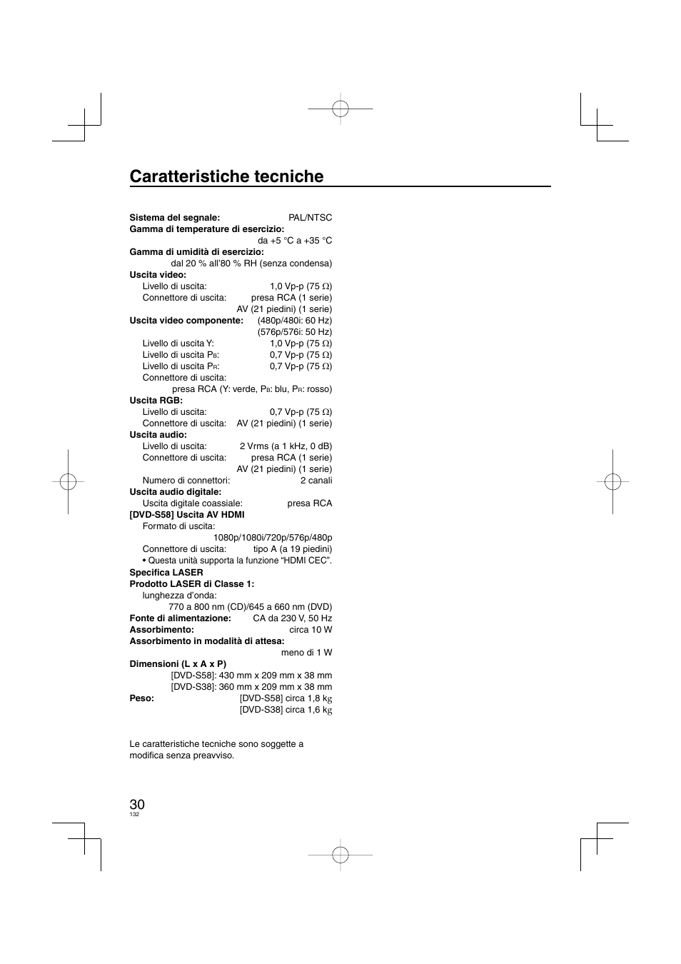Caratteristiche tecniche | Panasonic DVDS38 User Manual | Page 132 / 216