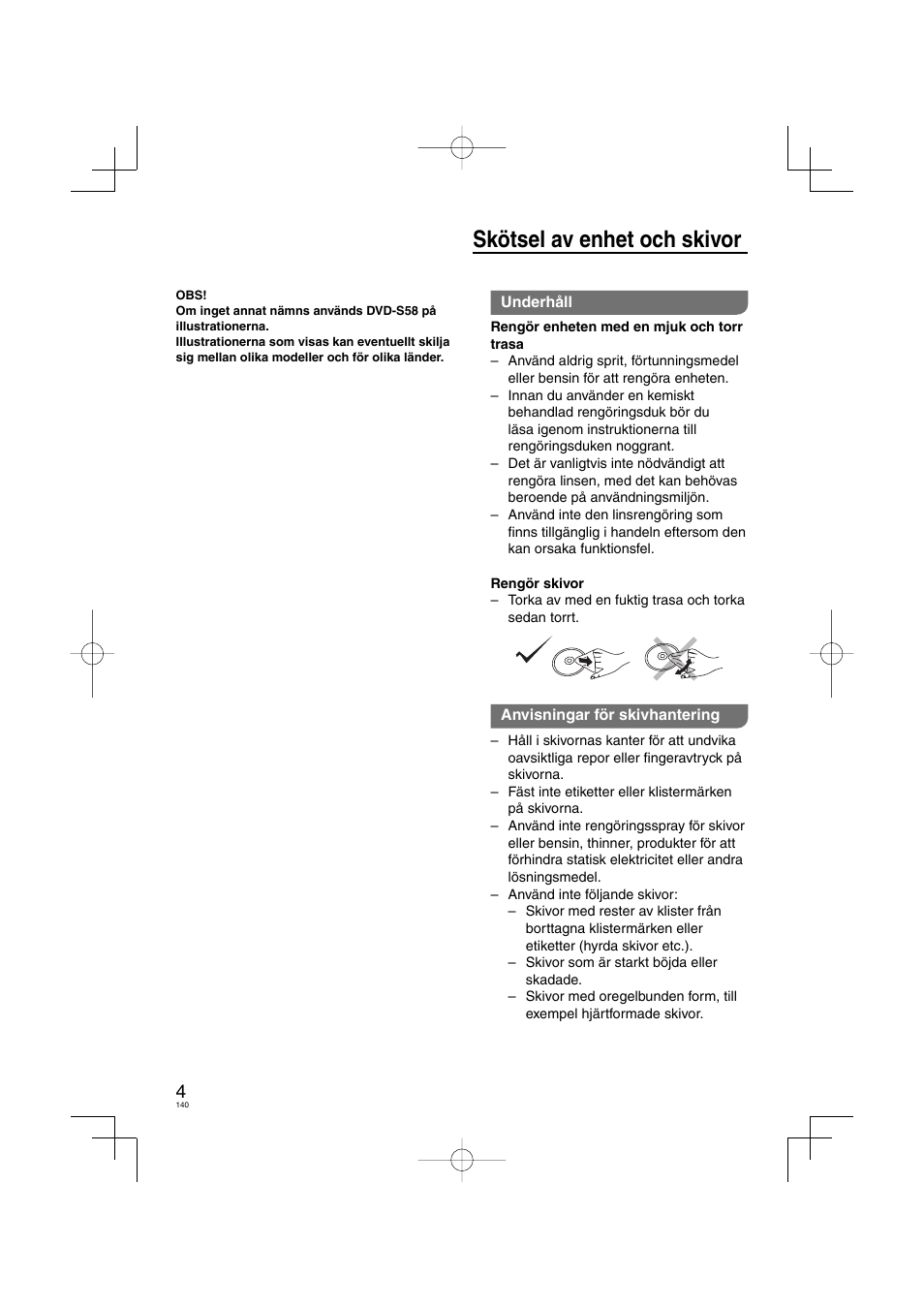 Skötsel av enhet och skivor | Panasonic DVDS38 User Manual | Page 140 / 216