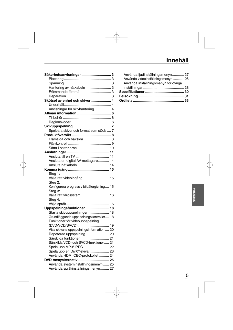 Innehåll | Panasonic DVDS38 User Manual | Page 141 / 216