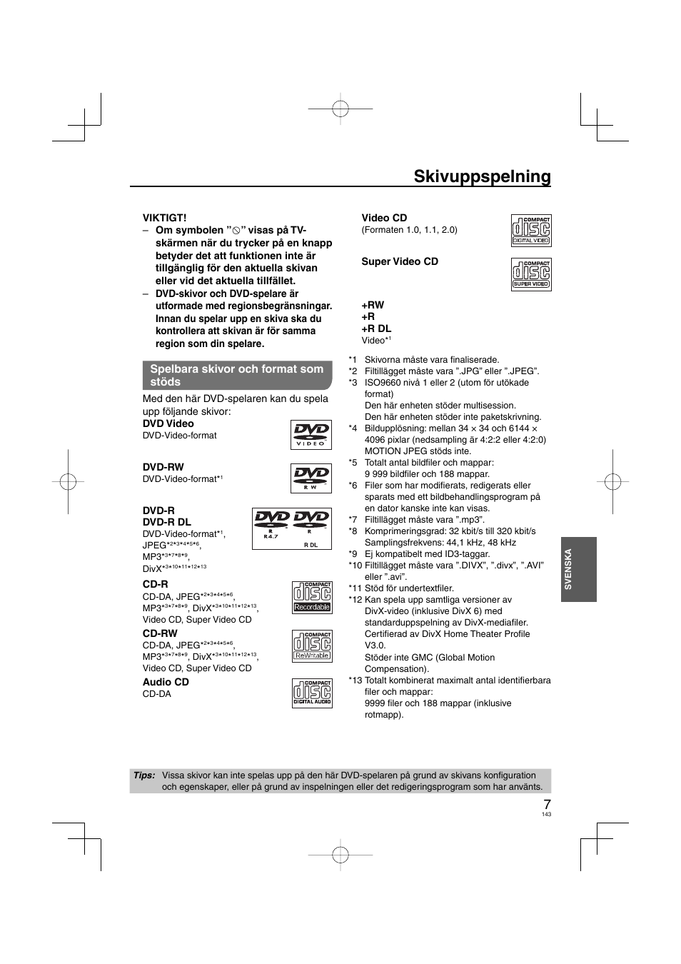 Skivuppspelning, Spelbara skivor och format som stöds | Panasonic DVDS38 User Manual | Page 143 / 216
