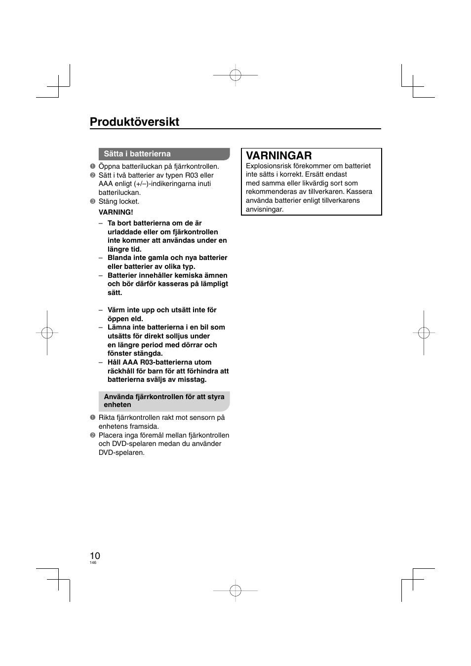 Produktöversikt, Varningar | Panasonic DVDS38 User Manual | Page 146 / 216