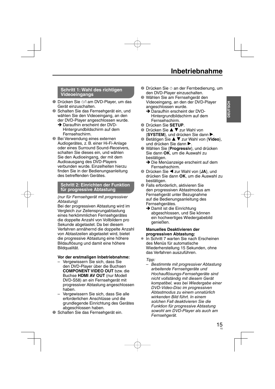Inbetriebnahme | Panasonic DVDS38 User Manual | Page 15 / 216