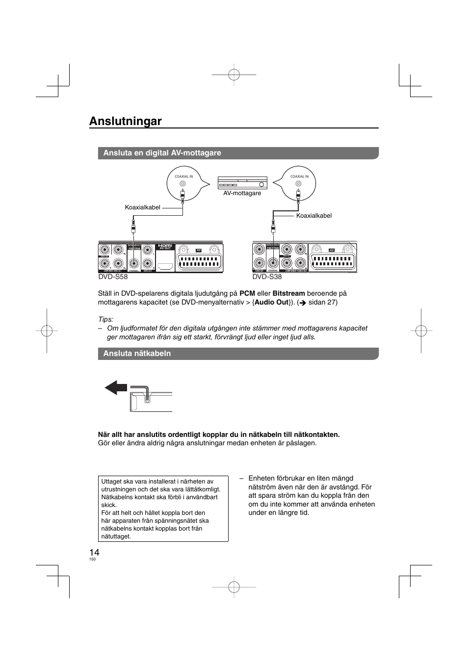 Anslutningar, Ansluta en digital av-mottagare, Ansluta nätkabeln | Dvd-s58 dvd-s38 | Panasonic DVDS38 User Manual | Page 150 / 216