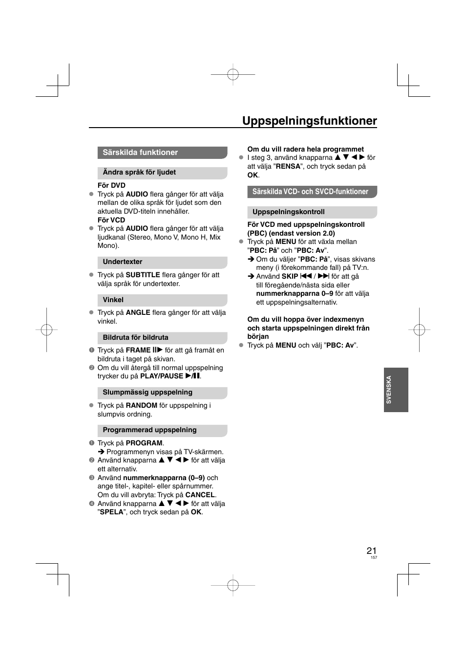 Uppspelningsfunktioner | Panasonic DVDS38 User Manual | Page 157 / 216