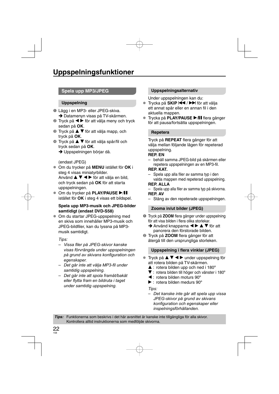 Uppspelningsfunktioner | Panasonic DVDS38 User Manual | Page 158 / 216