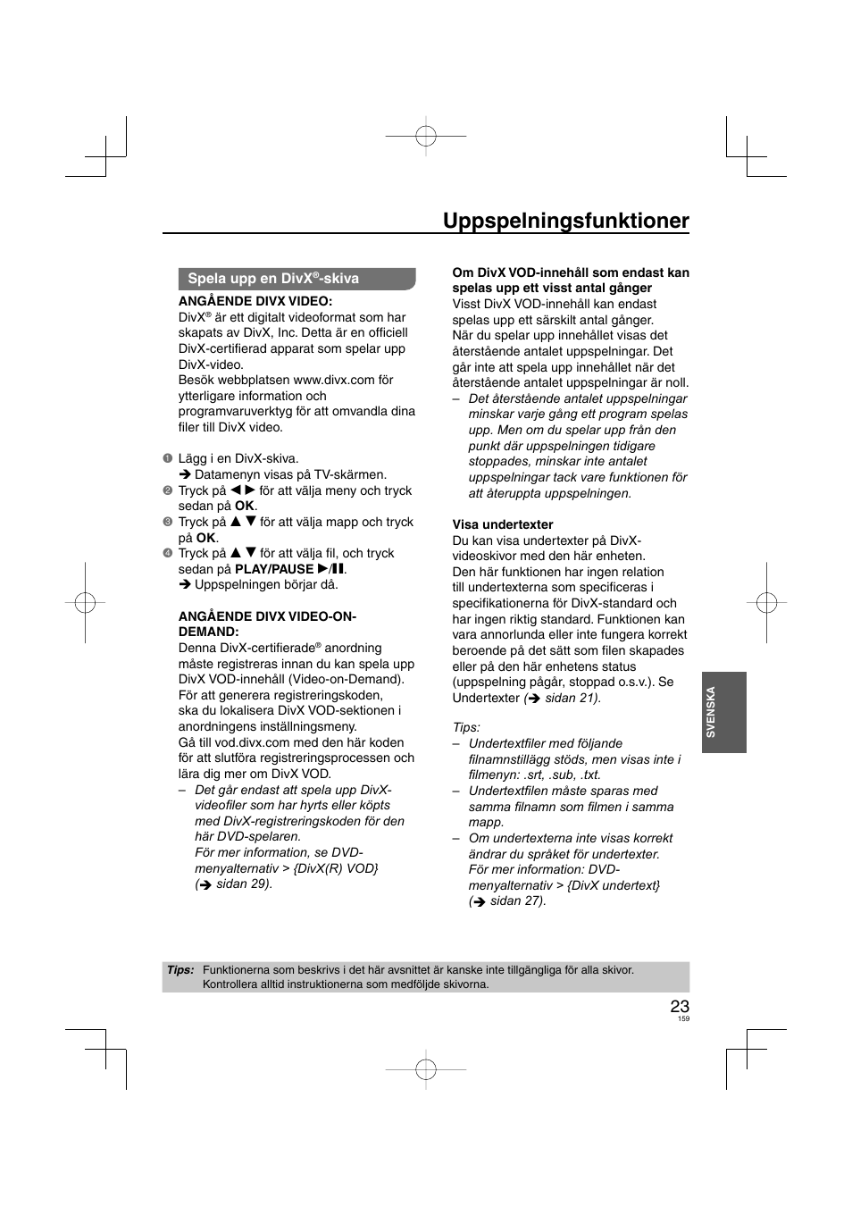 Uppspelningsfunktioner | Panasonic DVDS38 User Manual | Page 159 / 216