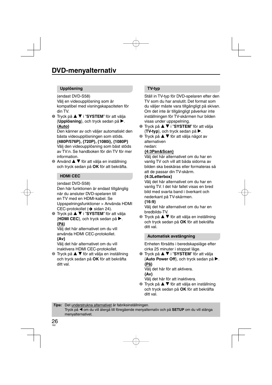 Dvd-menyalternativ | Panasonic DVDS38 User Manual | Page 162 / 216