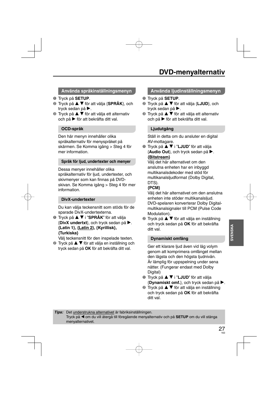 Dvd-menyalternativ | Panasonic DVDS38 User Manual | Page 163 / 216
