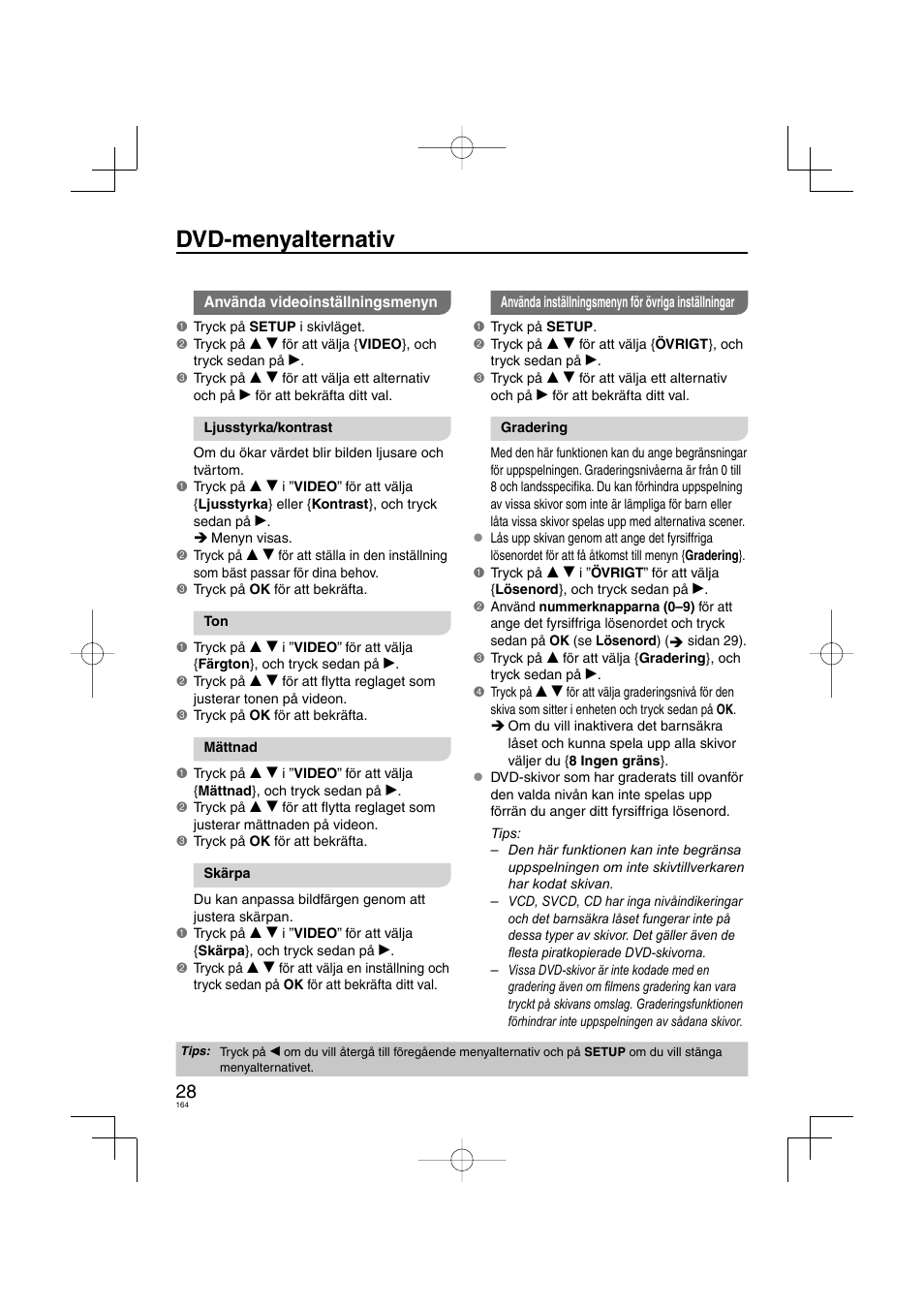 Dvd-menyalternativ | Panasonic DVDS38 User Manual | Page 164 / 216