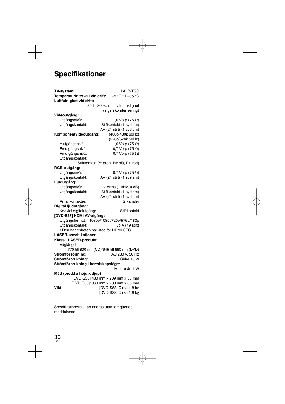 Specifi kationer | Panasonic DVDS38 User Manual | Page 166 / 216
