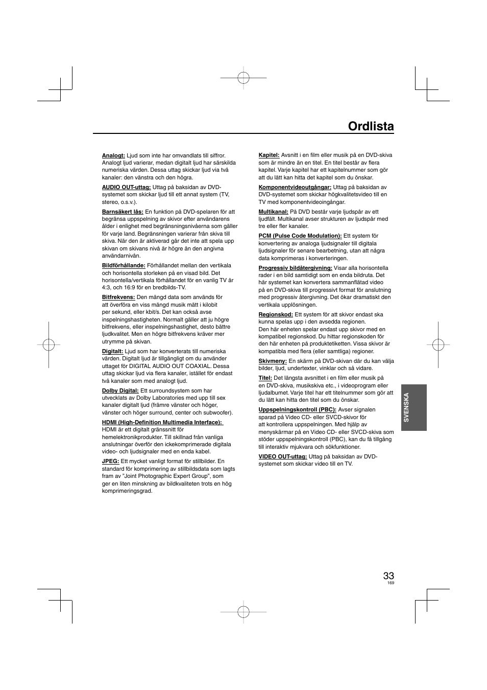 Ordlista | Panasonic DVDS38 User Manual | Page 169 / 216