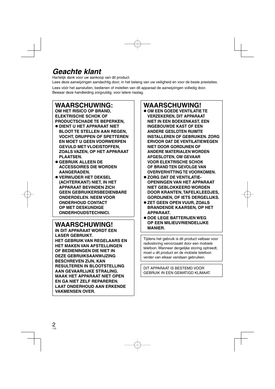 Vqt2r62_dvd-s58_s38_eg-du_100203.pdf, Geachte klant, Waarschuwing | Panasonic DVDS38 User Manual | Page 172 / 216