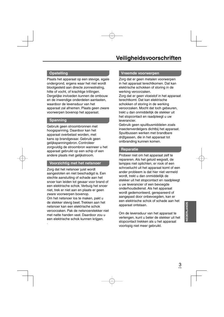 Veiligheidsvoorschriften | Panasonic DVDS38 User Manual | Page 173 / 216
