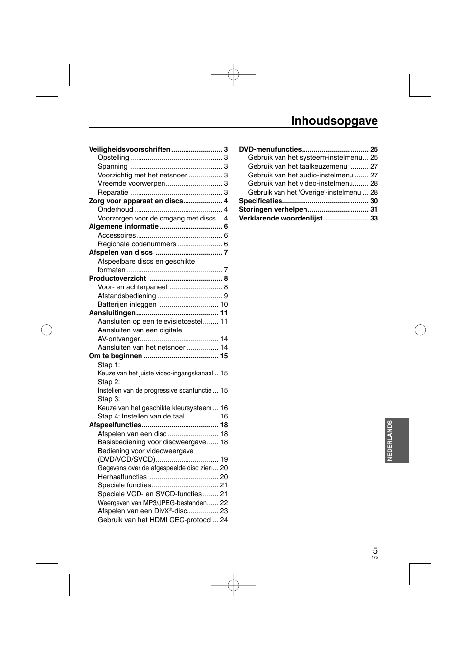 Inhoudsopgave | Panasonic DVDS38 User Manual | Page 175 / 216