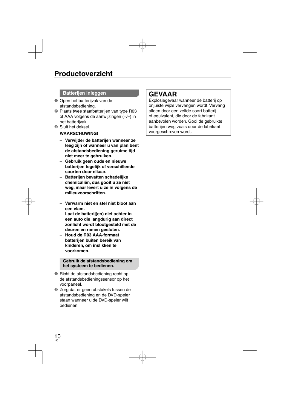 Productoverzicht, Gevaar | Panasonic DVDS38 User Manual | Page 180 / 216