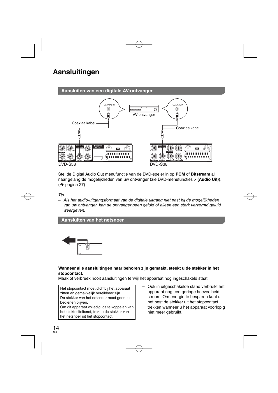 Aansluitingen, Aansluiten van een digitale av-ontvanger, Aansluiten van het netsnoer | Dvd-s58 dvd-s38 | Panasonic DVDS38 User Manual | Page 184 / 216