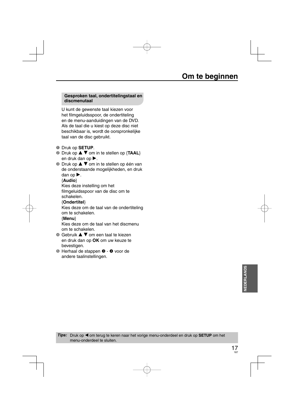 Om te beginnen | Panasonic DVDS38 User Manual | Page 187 / 216