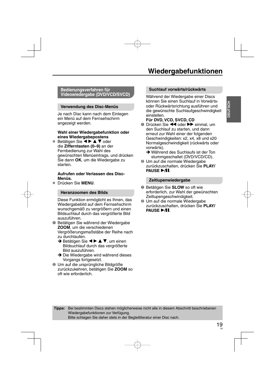 Wiedergabefunktionen | Panasonic DVDS38 User Manual | Page 19 / 216