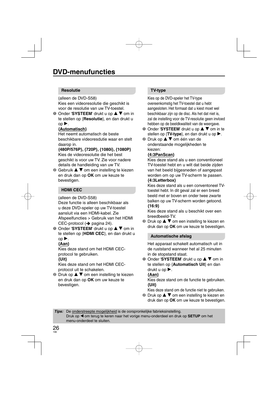 Dvd-menufuncties | Panasonic DVDS38 User Manual | Page 196 / 216