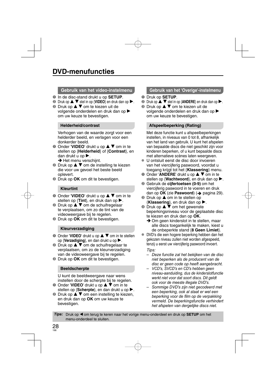 Dvd-menufuncties | Panasonic DVDS38 User Manual | Page 198 / 216