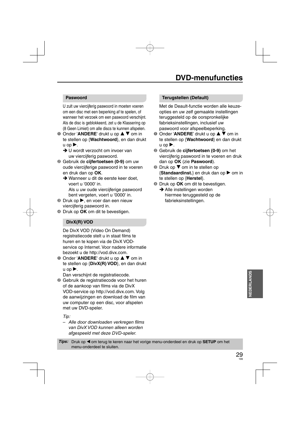 Dvd-menufuncties | Panasonic DVDS38 User Manual | Page 199 / 216