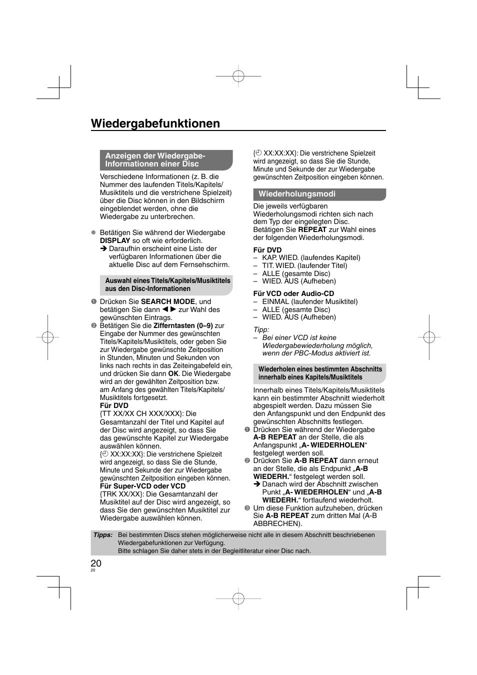 Wiedergabefunktionen | Panasonic DVDS38 User Manual | Page 20 / 216
