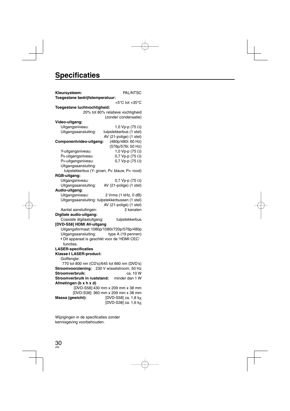 Specifi caties | Panasonic DVDS38 User Manual | Page 200 / 216