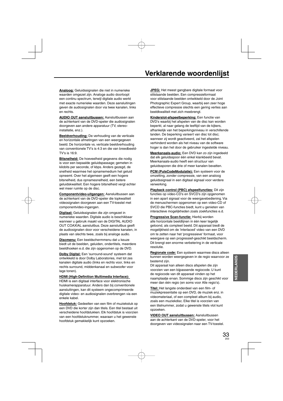 Verklarende woordenlijst | Panasonic DVDS38 User Manual | Page 203 / 216