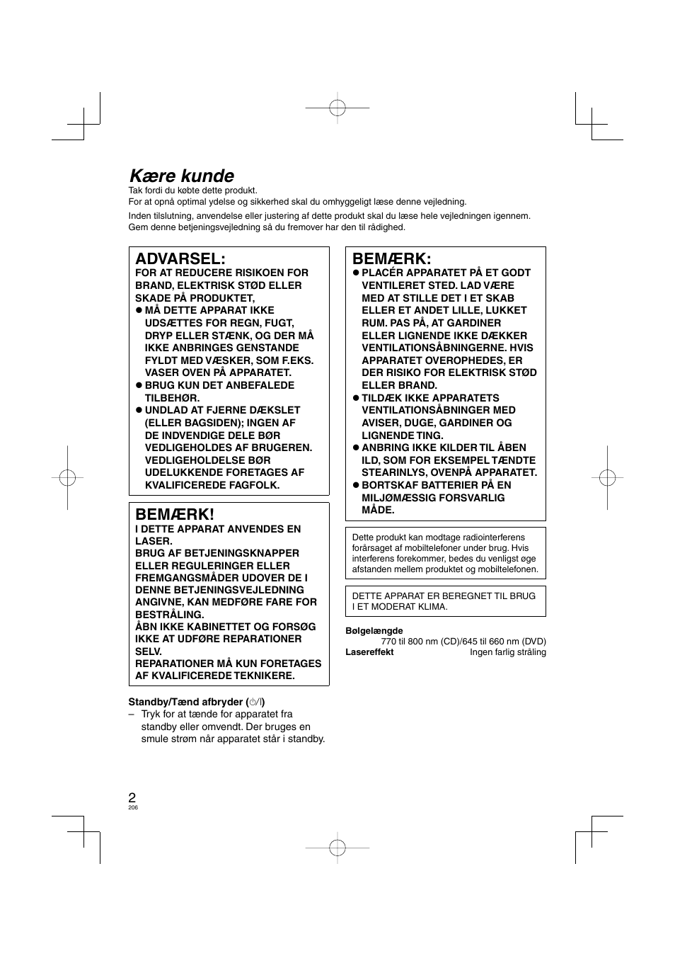 Vqt2r62_dvd-s58_s38_eg-da_100204.pdf, Kære kunde, Advarsel | Bemærk | Panasonic DVDS38 User Manual | Page 206 / 216