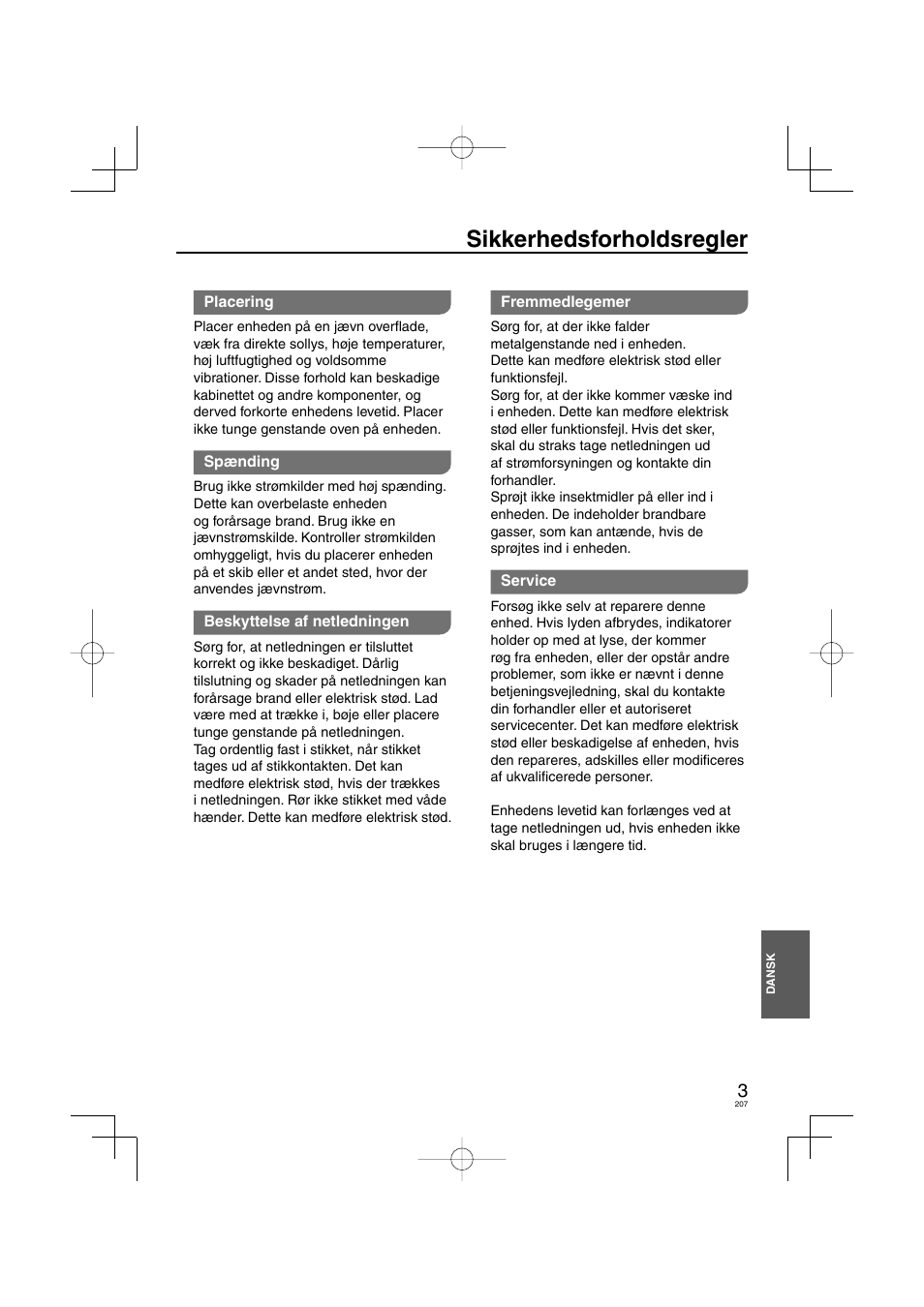 Sikkerhedsforholdsregler | Panasonic DVDS38 User Manual | Page 207 / 216