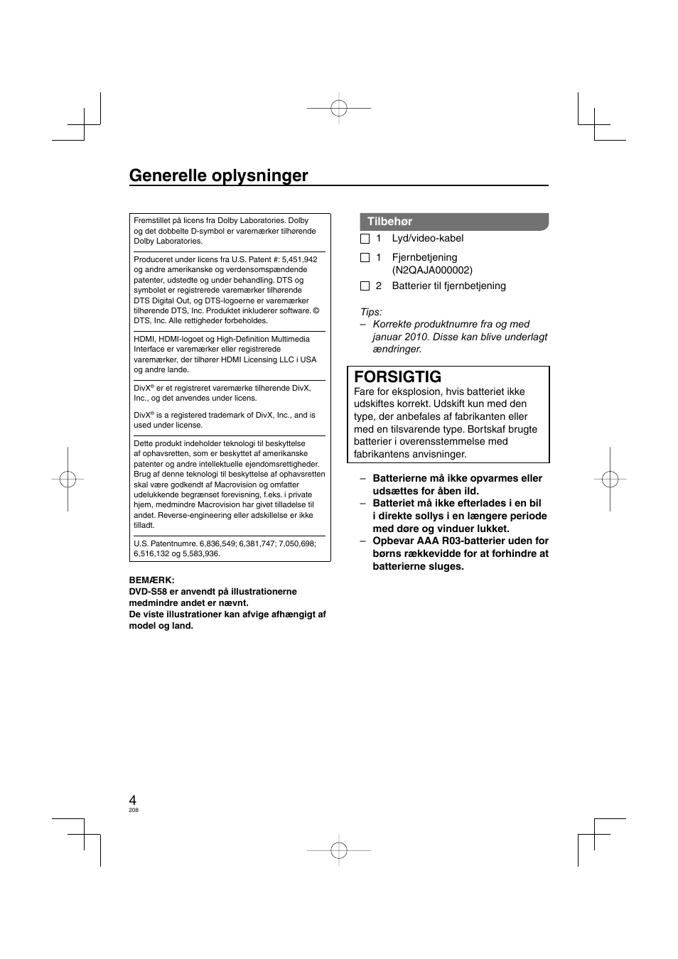 Generelle oplysninger, Forsigtig, Tilbehør | Panasonic DVDS38 User Manual | Page 208 / 216