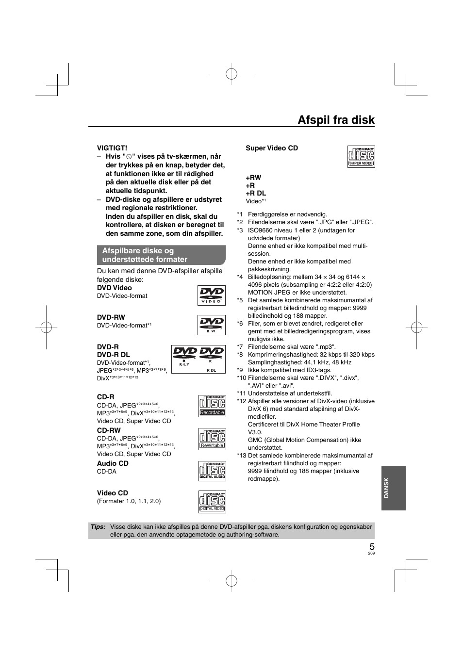 Afspil fra disk, Afspilbare diske og understøttede formater | Panasonic DVDS38 User Manual | Page 209 / 216