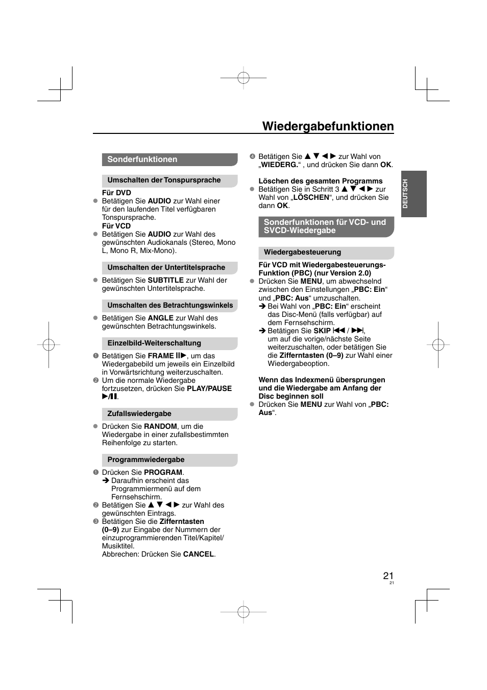 Wiedergabefunktionen | Panasonic DVDS38 User Manual | Page 21 / 216