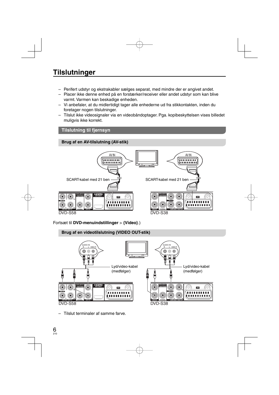 Tilslutninger, Tilslutning til fjernsyn, Brug af en av-tilslutning (av-stik) | Dvd-s58 dvd-s38, Tilslut terminaler af samme farve, Av in, Scart-kabel med 21 ben, Lyd/video-kabel (medfølger) | Panasonic DVDS38 User Manual | Page 210 / 216