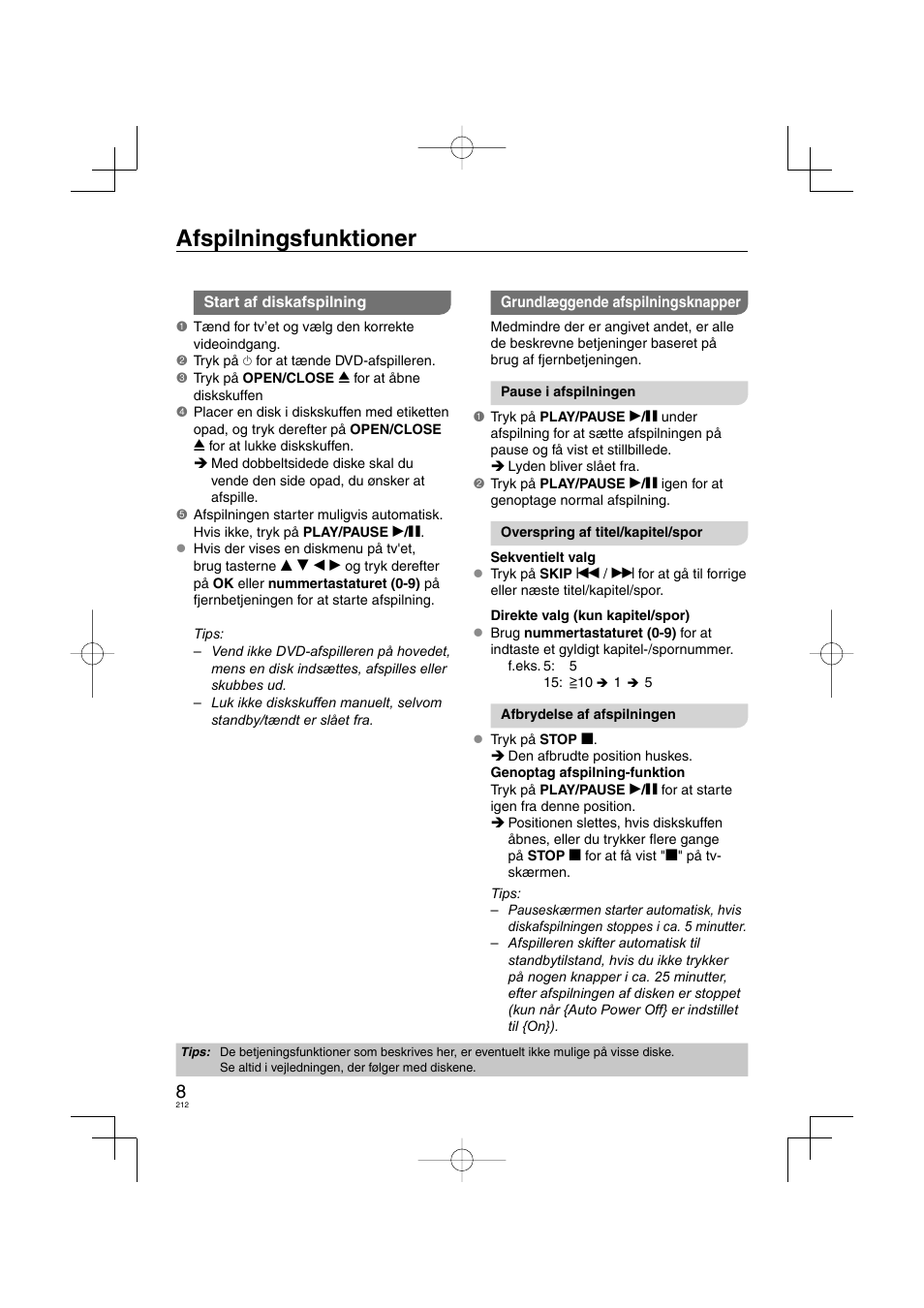Afspilningsfunktioner | Panasonic DVDS38 User Manual | Page 212 / 216