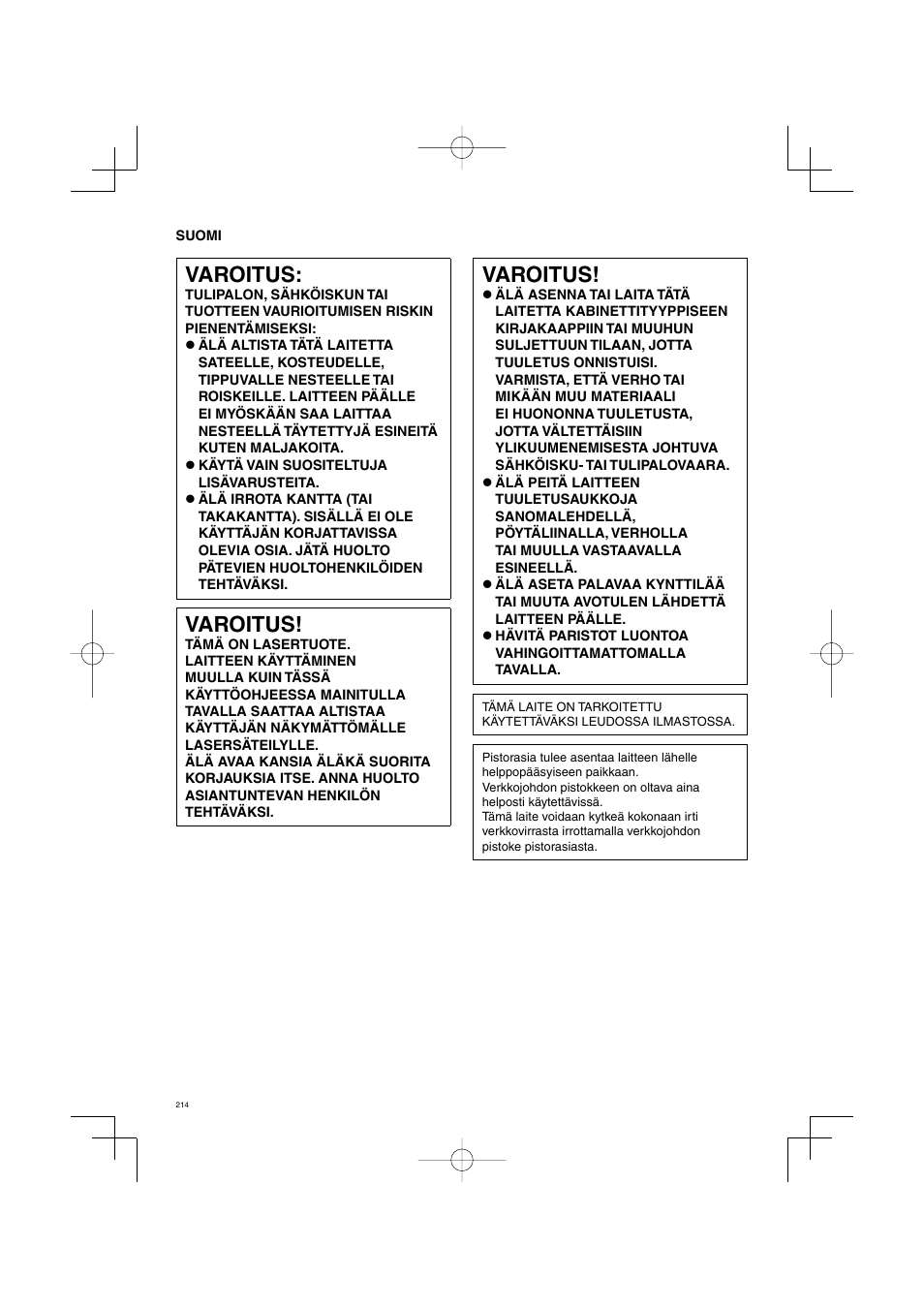 Varoitus | Panasonic DVDS38 User Manual | Page 214 / 216