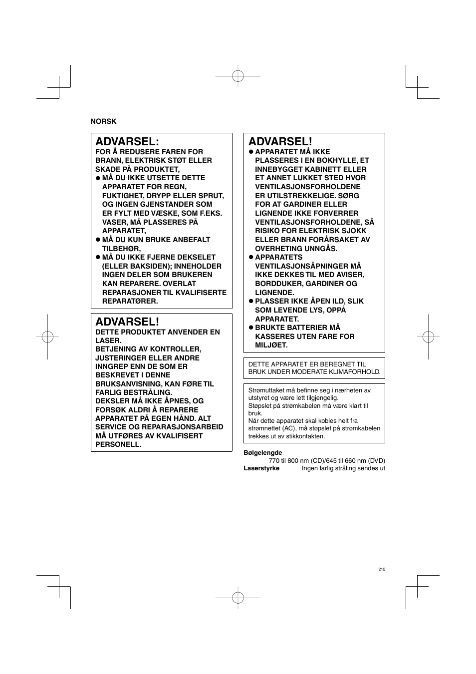 Advarsel | Panasonic DVDS38 User Manual | Page 215 / 216